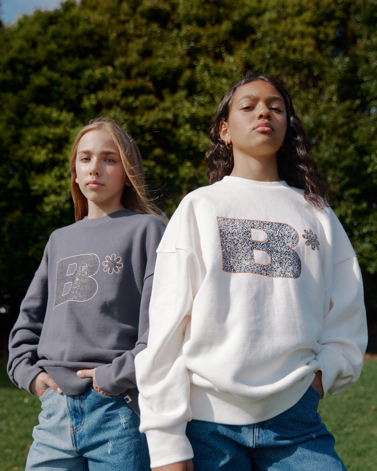 White Oversized B* Printed Crew