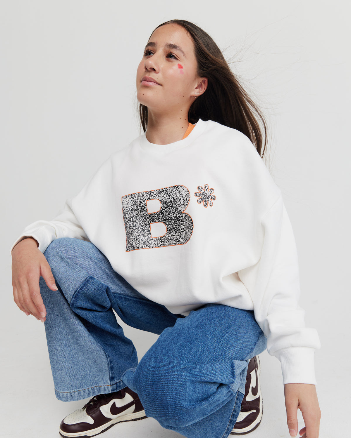 White Oversized B* Printed Crew